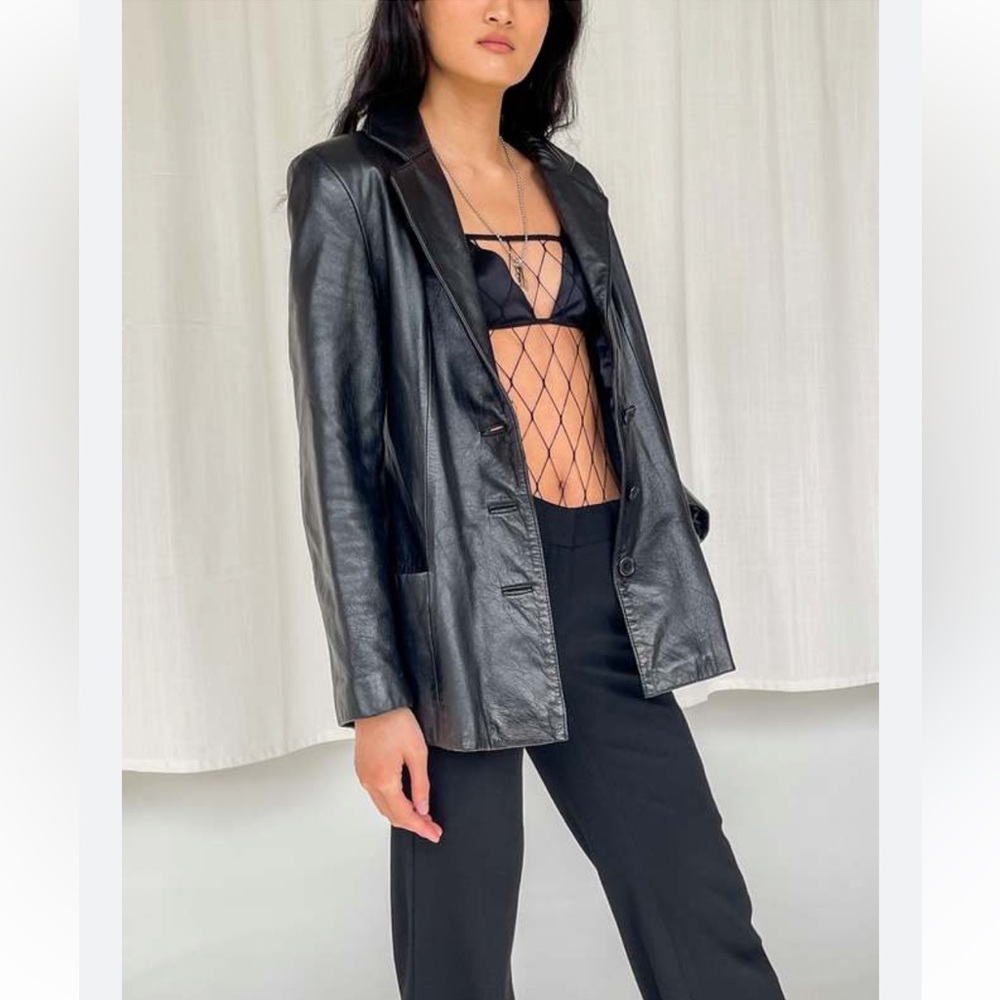 Vintage long black leather jacket blazer